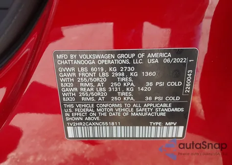 2022 Volkswagen Atlas 3.6L V6 Se W/Technology from USA, damaged, VIN 1V2HR2CAXNC551811